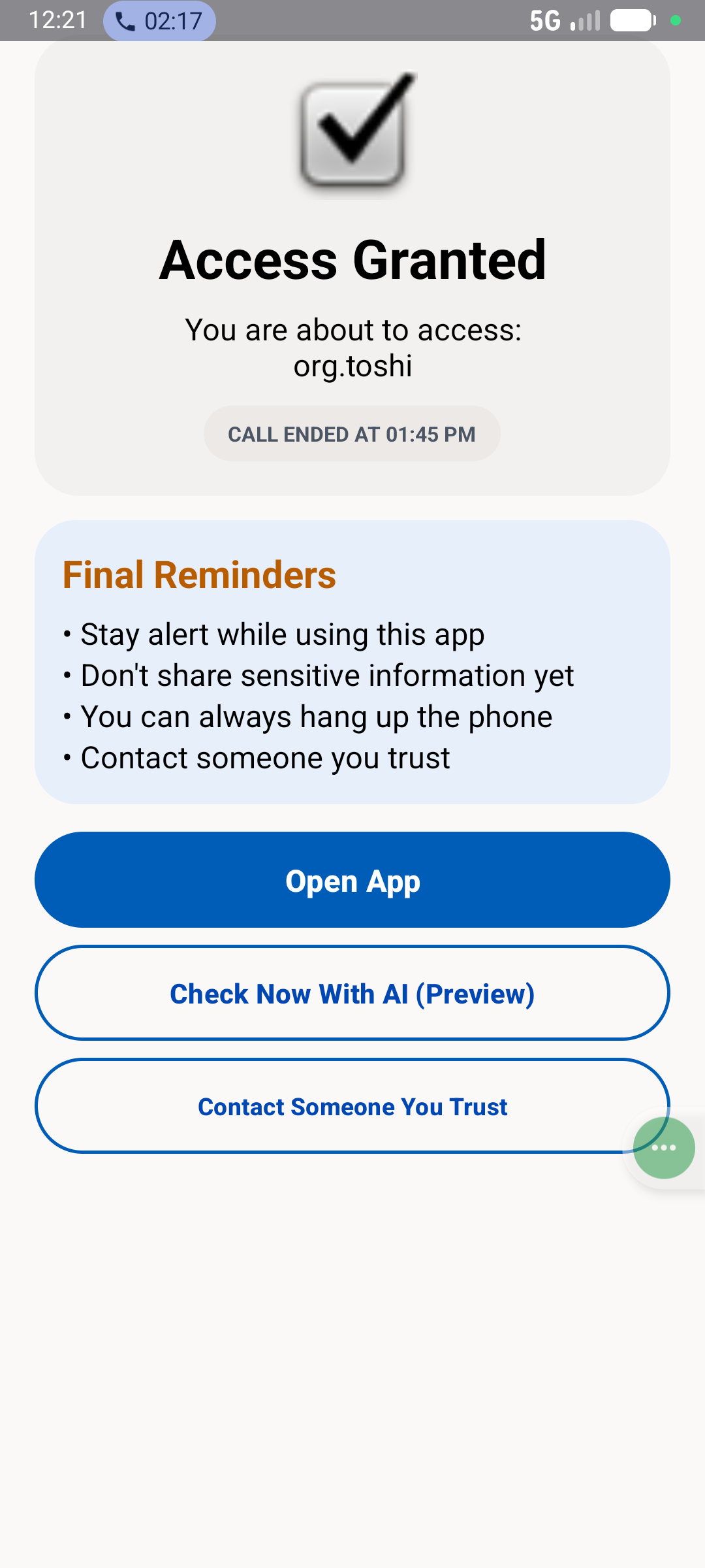 Access granted screen