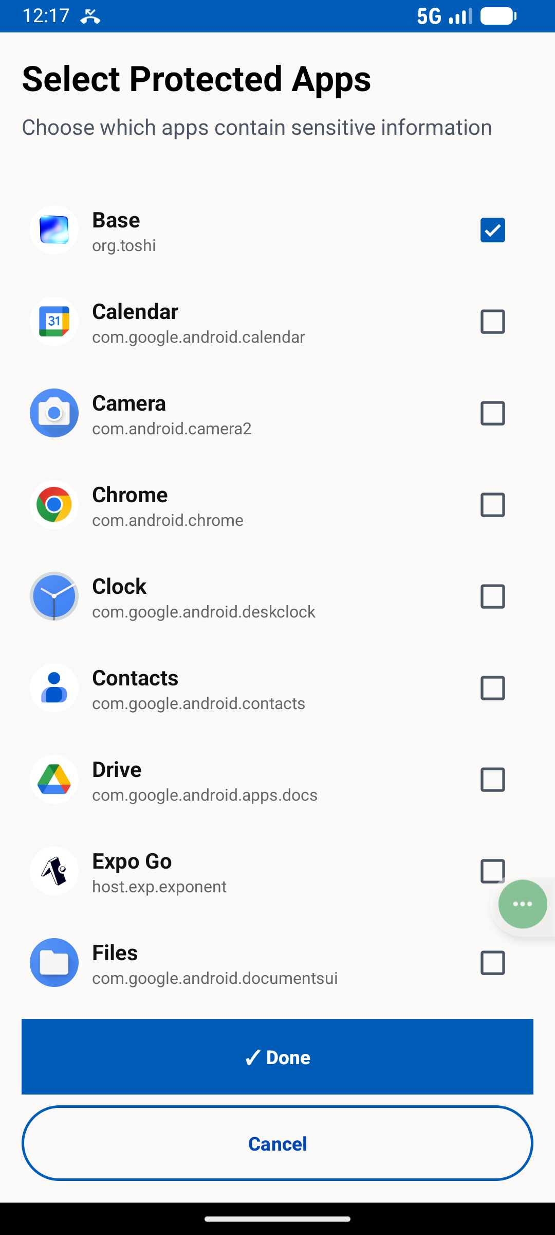 Protected app selection screen